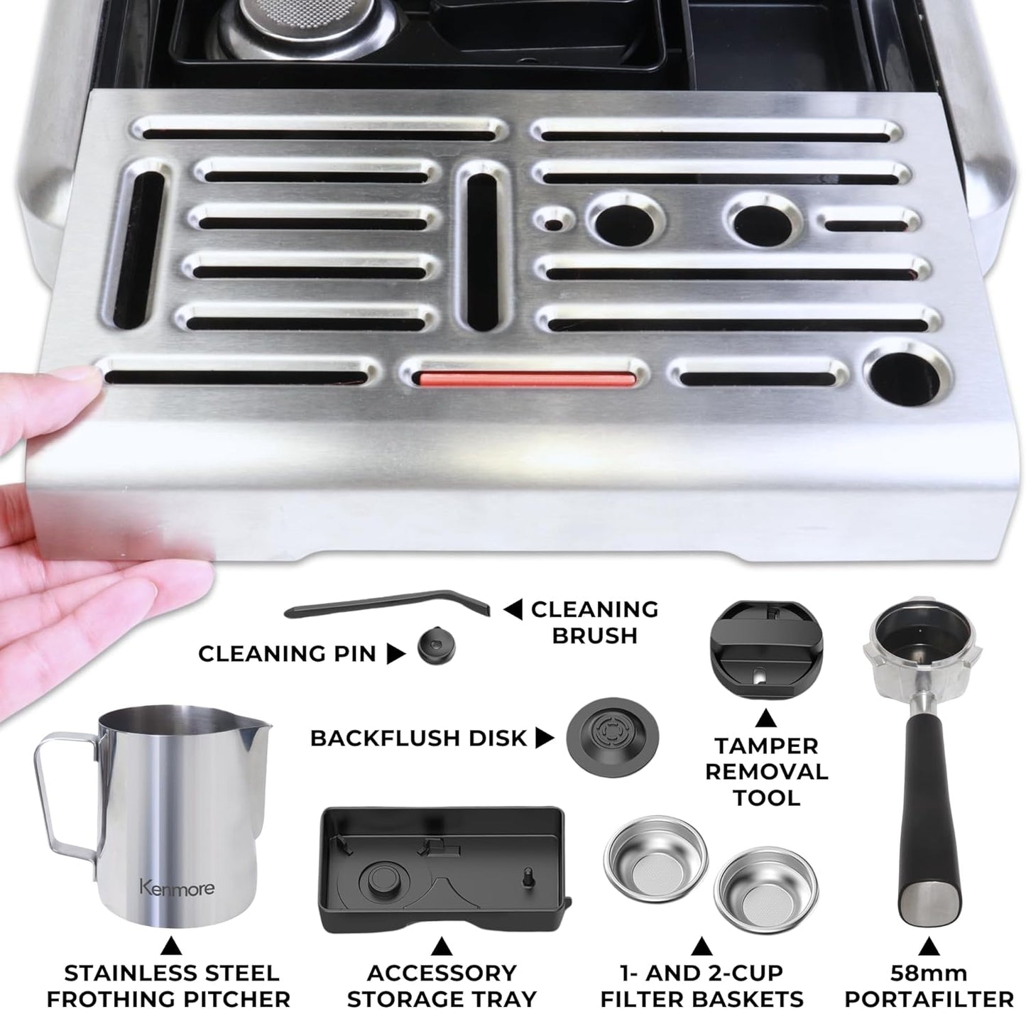 Kenmore Elite Espresso Machine – Semi Automatic Coffee Maker with Auto Tamper, Auto Cleaning, Milk Steamer & Frother, Bean Grinder, Make Professional Barista Style Cappuccino, Café Latte