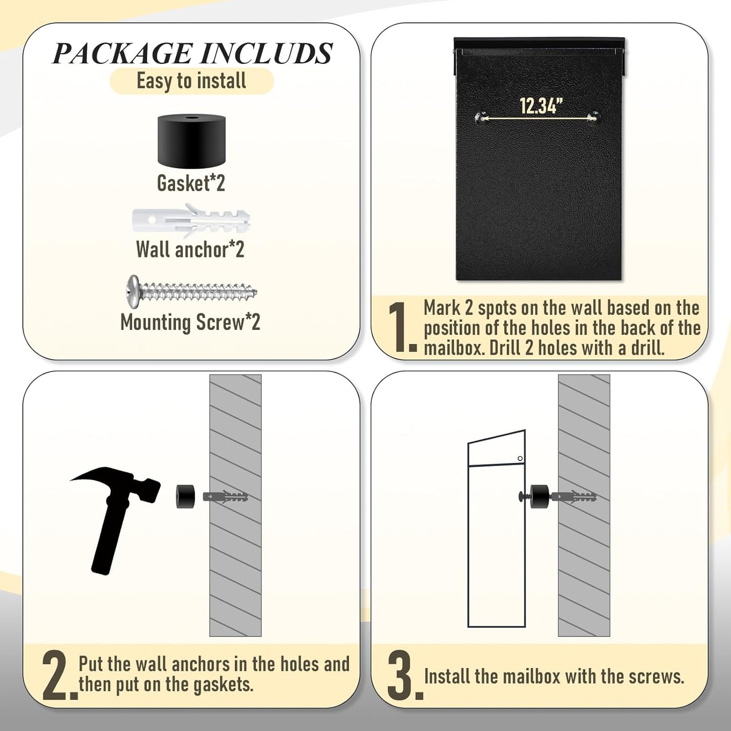 xydled Mail Boxes with Key Lock,Locking Mailbox Wall Mounted,Large Capacity,Steel Cover Metal Postbox for House, Black, 12.34''x8.5''x3''