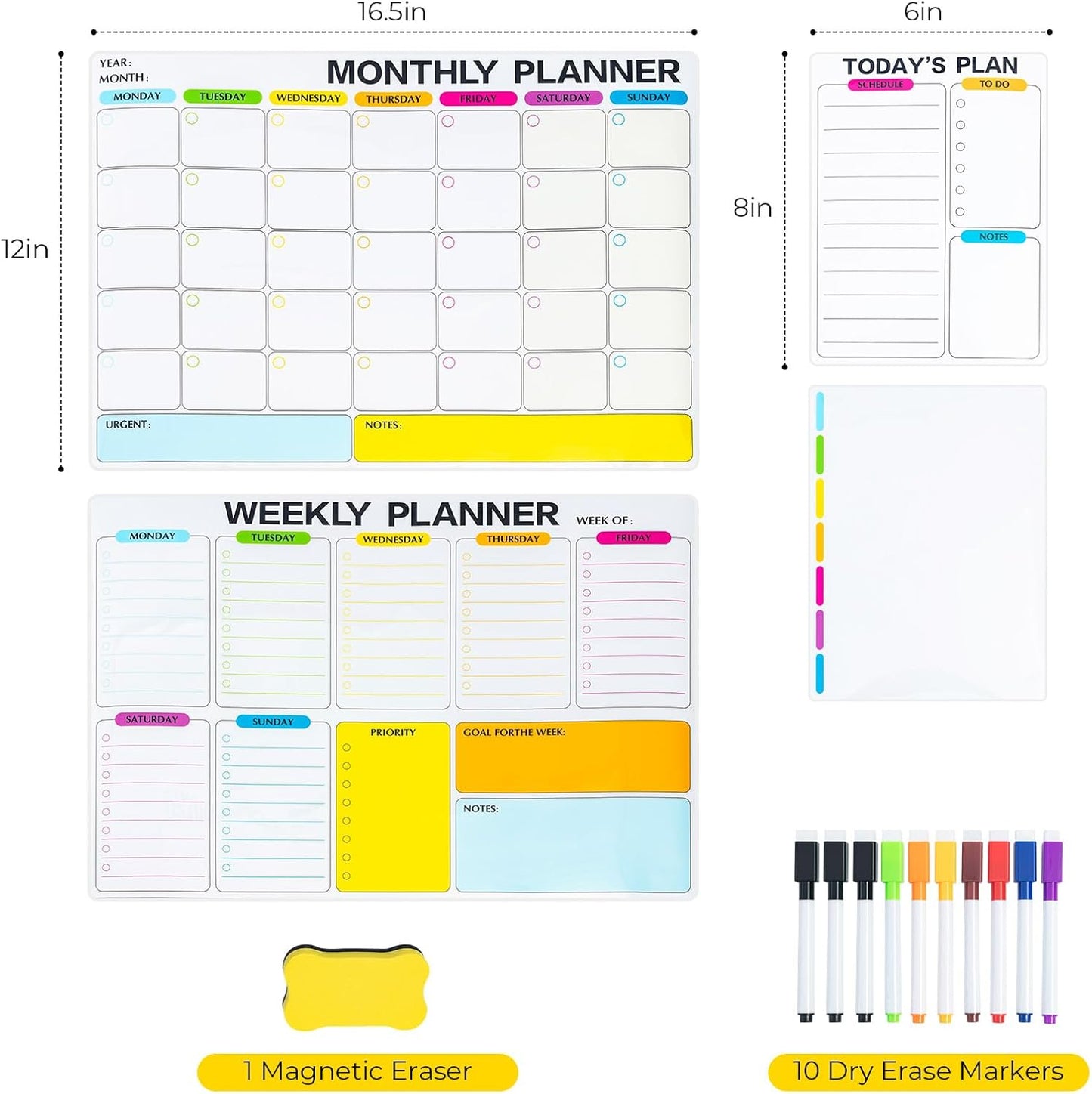 M&G Dry Erase Magnetic Fridge Calendar Set, 4 Pack- Monthly & Weekly & Daily Planner Whiteboard with 10 Markers and Eraser, Chore Chart for Refrigerator Wall Door, Family Schedule Planning Whiteboards
