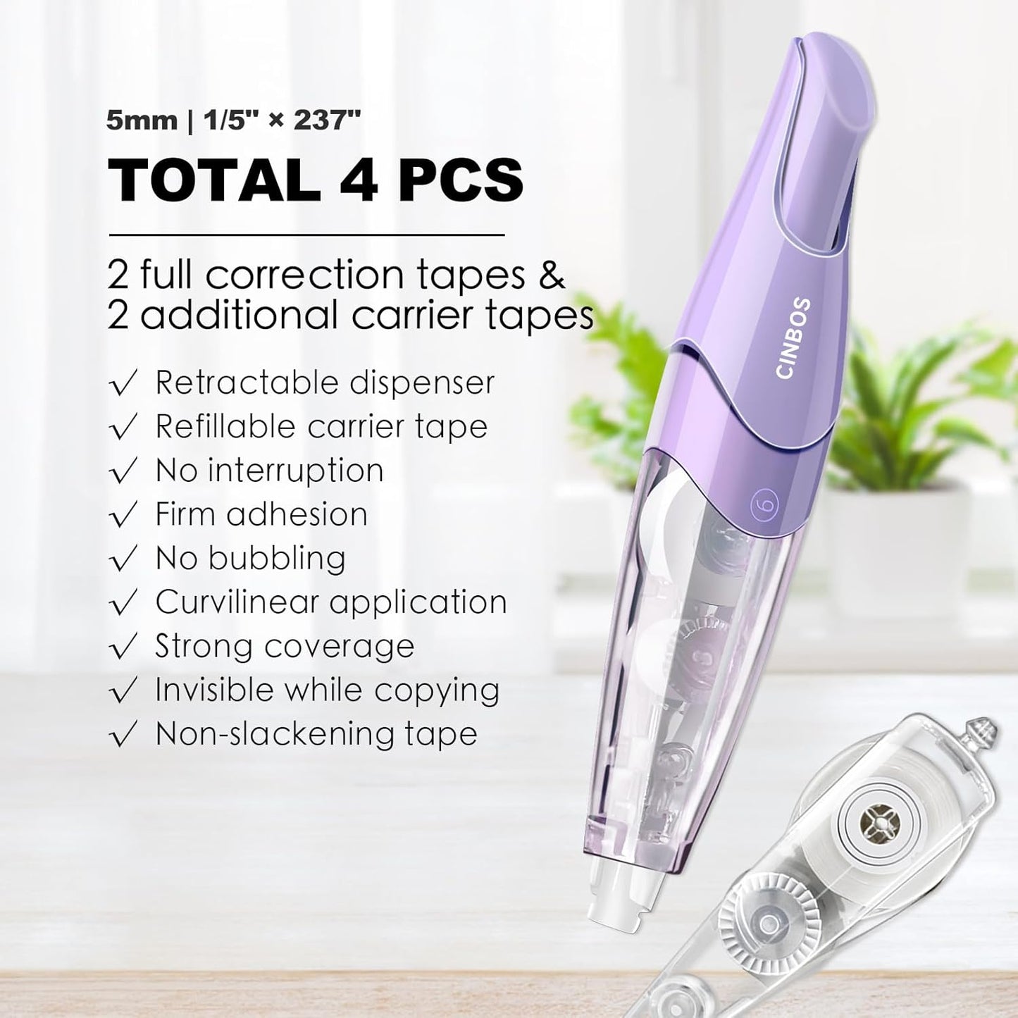 Refillable Retractable White Correction Tape, White Smooth Pull Out Correction Tape with 2 Extra Refills, Cute Correction Tape for Office Supplies, 4 PCS (CS-26)