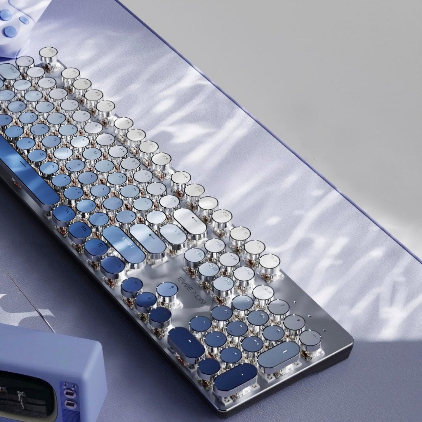 EWEADN Typewriter Keyboard Wireless Mechanical Keyboard, 104 Keys Gradient Color Typewriter Keyboards with White Backlit, Anti-Ghosting, Blue Switch Bluetooth/2.4GHz/Wired Keyboards-Blue