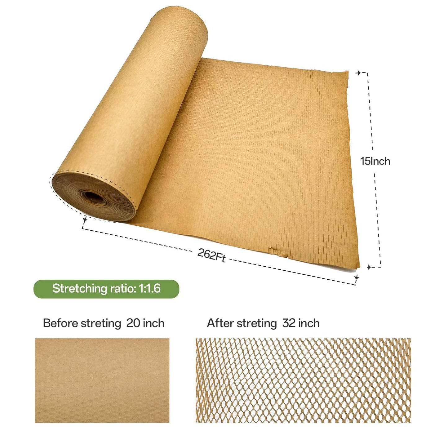 Honeycomb Packing Paper, 15" x 262' Honeycomb Cushioning Wrap Roll for Moving Shipping Packaging Gifts, Recyclable Honeycomb Paper Moving Supplies Bubble Paper Wrapping Protective Roll Khaki