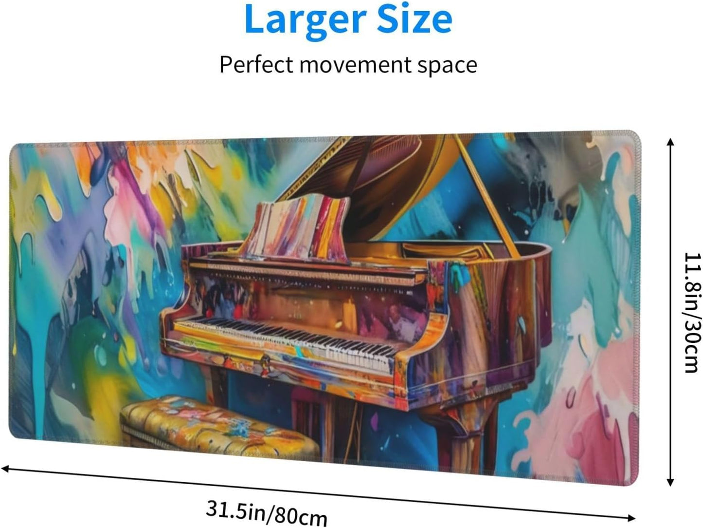 Gaming Mouse Pad, Large Non-Slip Rubber Base Mousepad, Keyboard Mouse Mat, Desk Pad with Stitched Edges, 31.5x11.8inch, Oil Painting of Piano