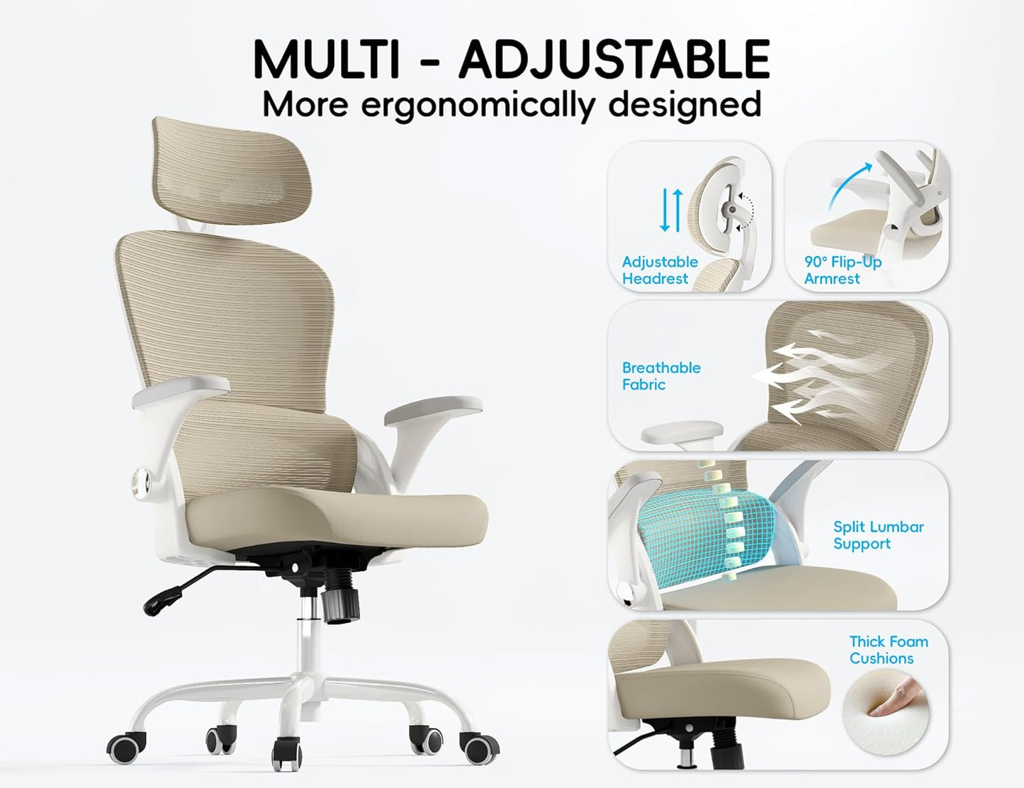 TRALT Office Chair - Ergonomic Office Chair with Back Support, Computer Chair - Home Office Desk Chairs, 330lbs Wide Seat Big and Tall Office Chairs with Headrest, Comfy Desk Chairs (Beige)