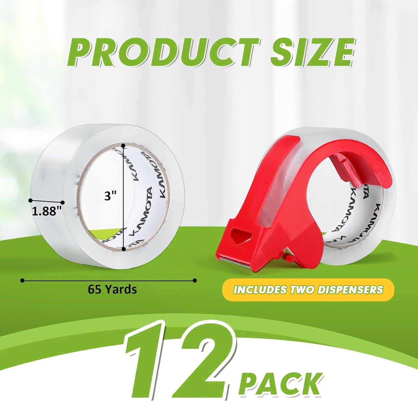 KAMOTA Packing Tape, 12 Rolls Heavy Duty Clear Packaging Tape for Shipping Packaging Moving Sealing, 1.88 inches Wide, 65 Yards Per Roll, Total 780 Yards with 2 Dispensers