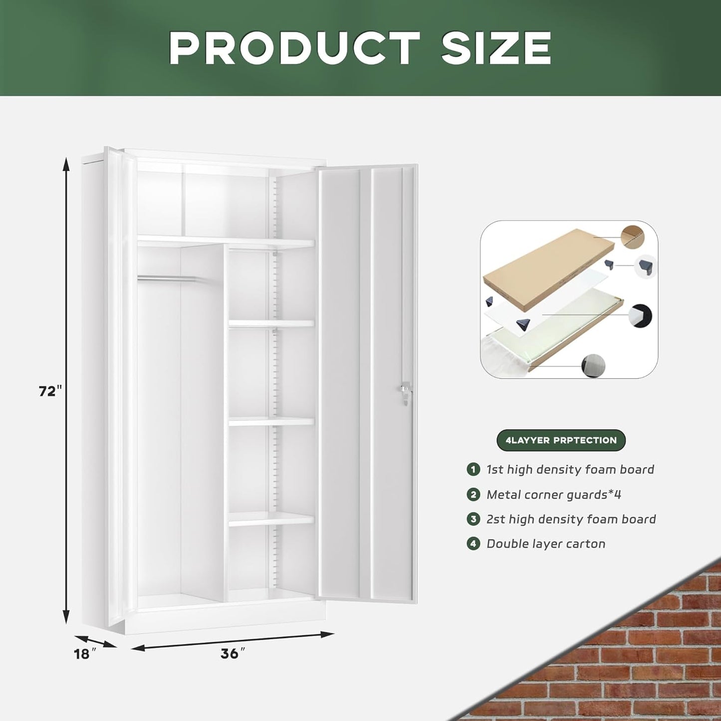 Greenvelly Metal Wardrobe Cabinet with Locking Doors, 72" H x 36" W White Metal Wardrobe Closet Cabinet with Hanging Rods and Adjustable Shelves, Steel Storage Closet for Home, Office, Employee, Gym