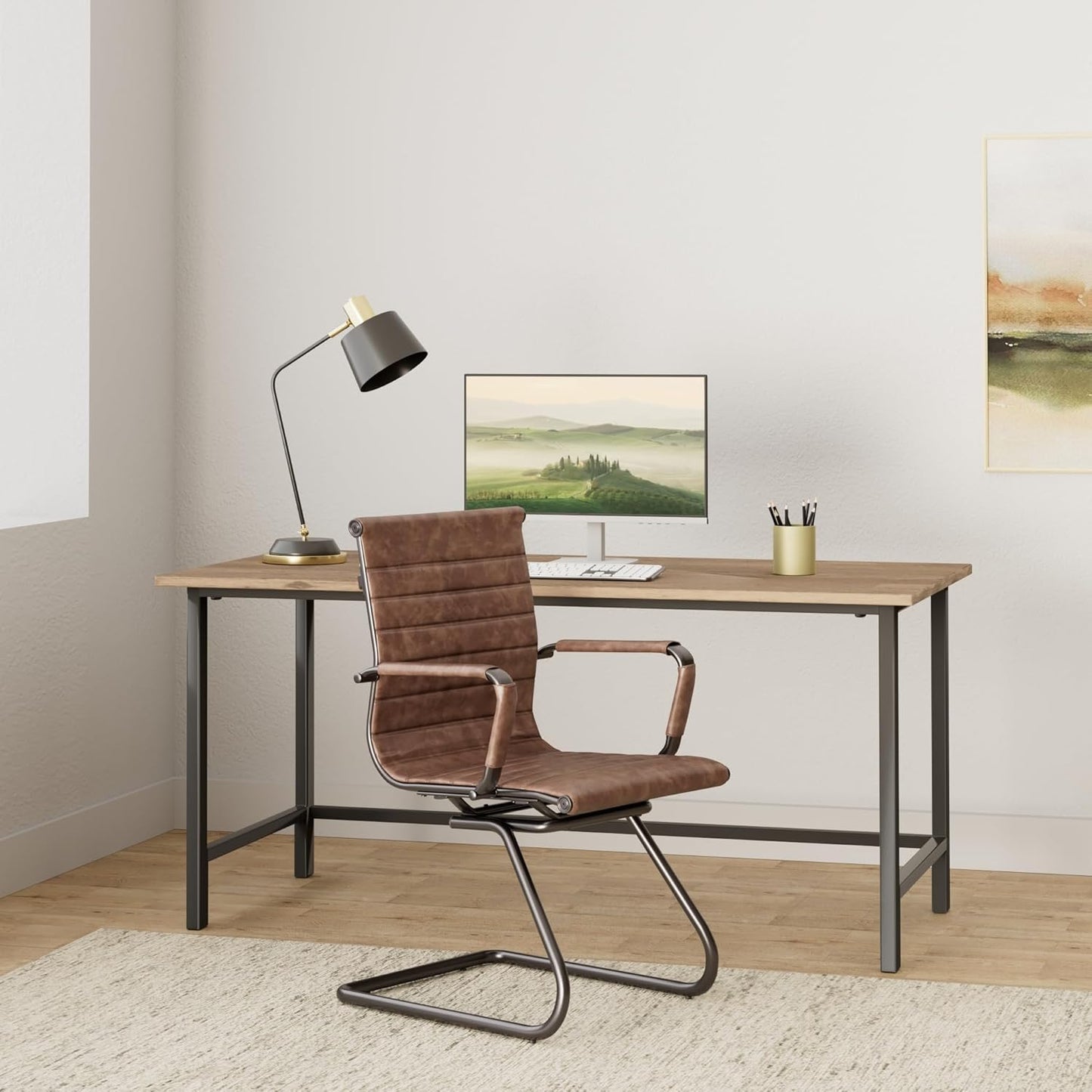 Heavy Duty Office Chair Reception Chairs Leather Conference Chairs Back Support Guest Chair, Set of 2 (Vintage Brown)