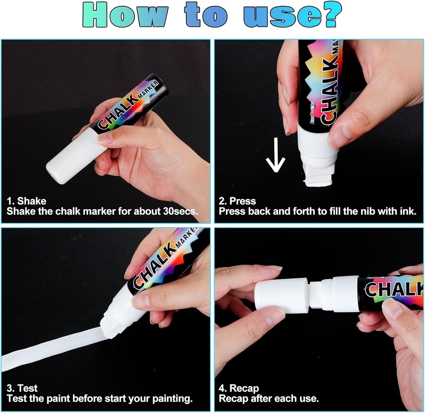 FansArriche White Chalk Markers, 15mm Jumbo Car Window Markers for Glass Washable, 4 Pack Liquid Chalk Marker Erasable for Chalkboard, Blackboard