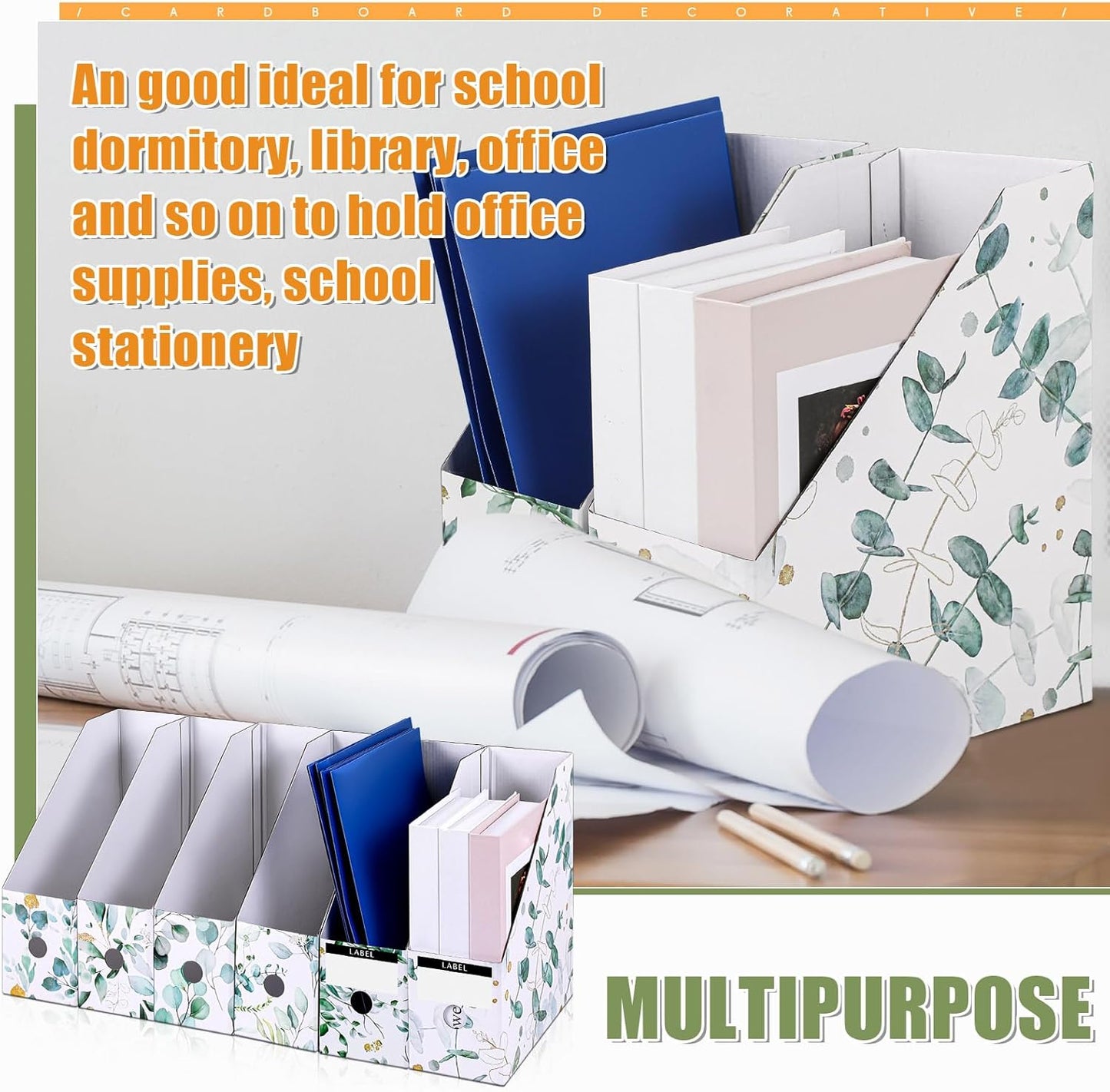 PerKoop 12 Pcs Magazine File Holder Foldable Decorative Cardboard File Folders 6 Patterns Floral Colored Magazine Rack with Printable Sticker Labels for School Office Home Desk (Eucalyptus Leaves)