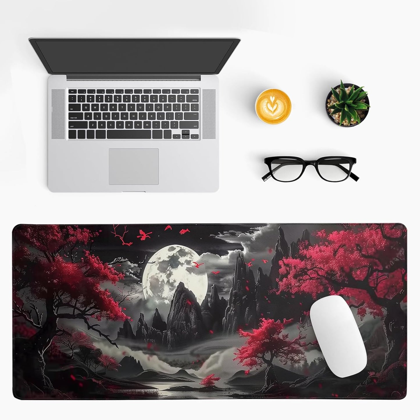 Mousepad 31.5 x 11.8 inches, Large Gaming Mouse Mat with Non-Slip Base, Extended Anime Mouse pad, Full Keyboard Mat with Stitched Edges for Gaming and Office (Red Moon)