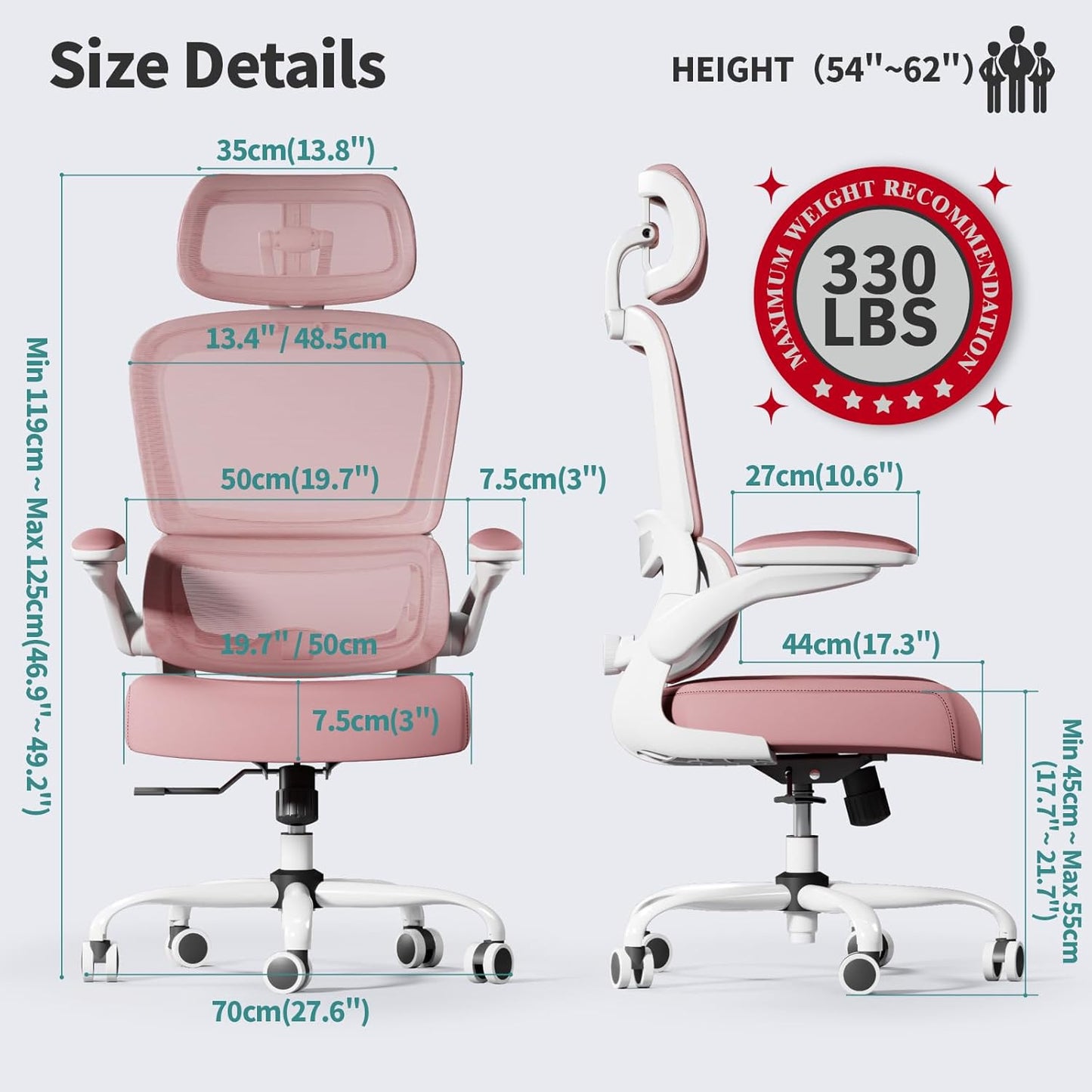 TRALT Office Chair Ergonomic Desk Chair, 330 LBS Home Mesh Office Desk Chairs with Wheels, Comfortable Gaming Chair, High Back Office Chair for Long Hours (Pink)
