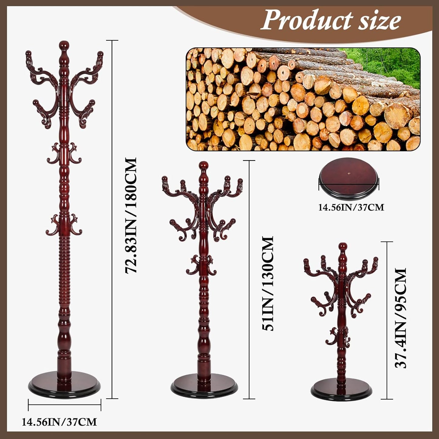 Wooden Coat Rack Freestanding, Vintage Coat Racks with Sturdy Round Base, Adjustable Height 37.40"-72.83" Entrance Coat Rack for Bedroom Living Room Entryway (Solid wood Rosewood)