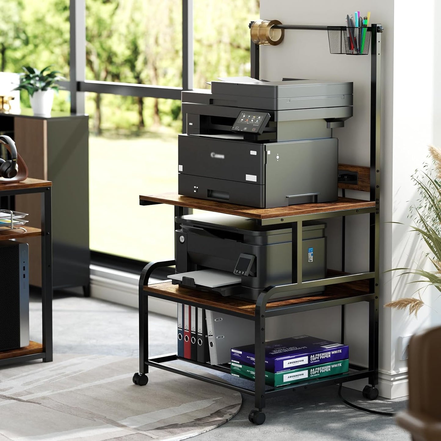 Homieasy Printer Stand with Charging Station, 29.1" x 22.8" Large 3D Printer Table with Filament Storage, Heavy Duty Rolling Printer Cart with 4-Tier Storage for Workshop/Office/Garage, Rustic Brown