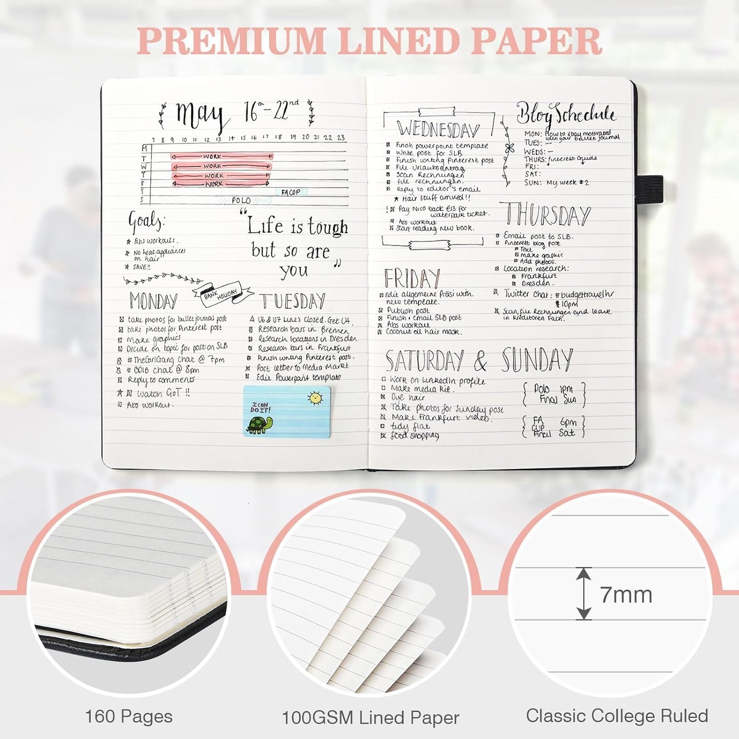 Lined Journal Notebook, 3 Pack A5 College Ruled Notebooks for Work, Hardcover Notebook Each with 2 Pockets & Pen, Leather Journal for Women, Men, 160 Pages, 100GSM Thick Paper (Sky Blue, Pink, Ivory)