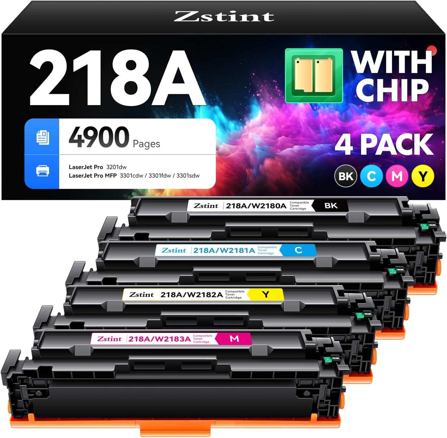 218A Toner Cartridge 4-Pack High Yield with Chip Replacement for HP 218A 218X Toner Cartridge Compatible with HP Color Laserjet Pro MFP 3301cdw 3301fdw 3301sdw Pro 3201dw Printer W2180A Ink (B/C/Y/M)