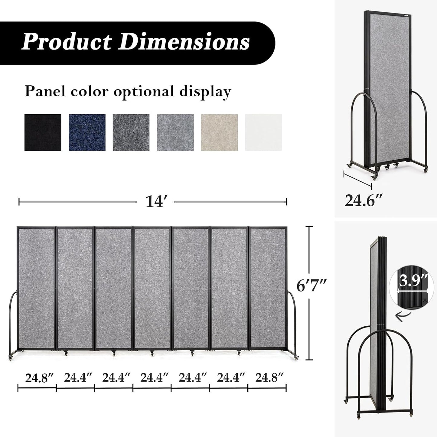 Folding Room Partition,Privacy Room Screen with Arms,Office Dividers Partition Wall,14'3"L* 6'7"H,Light Grey