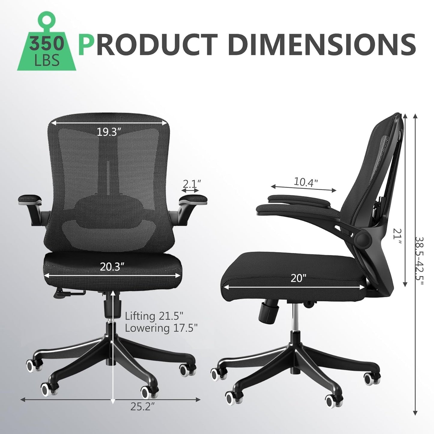 Executive Office Chair, Ergonomic Comfort Home Desk Chair, Mid Back Gaming Chair with Wheels, Adjustable Height, Lumbar Support, Flip-up Armrest with 350LBS Capacity