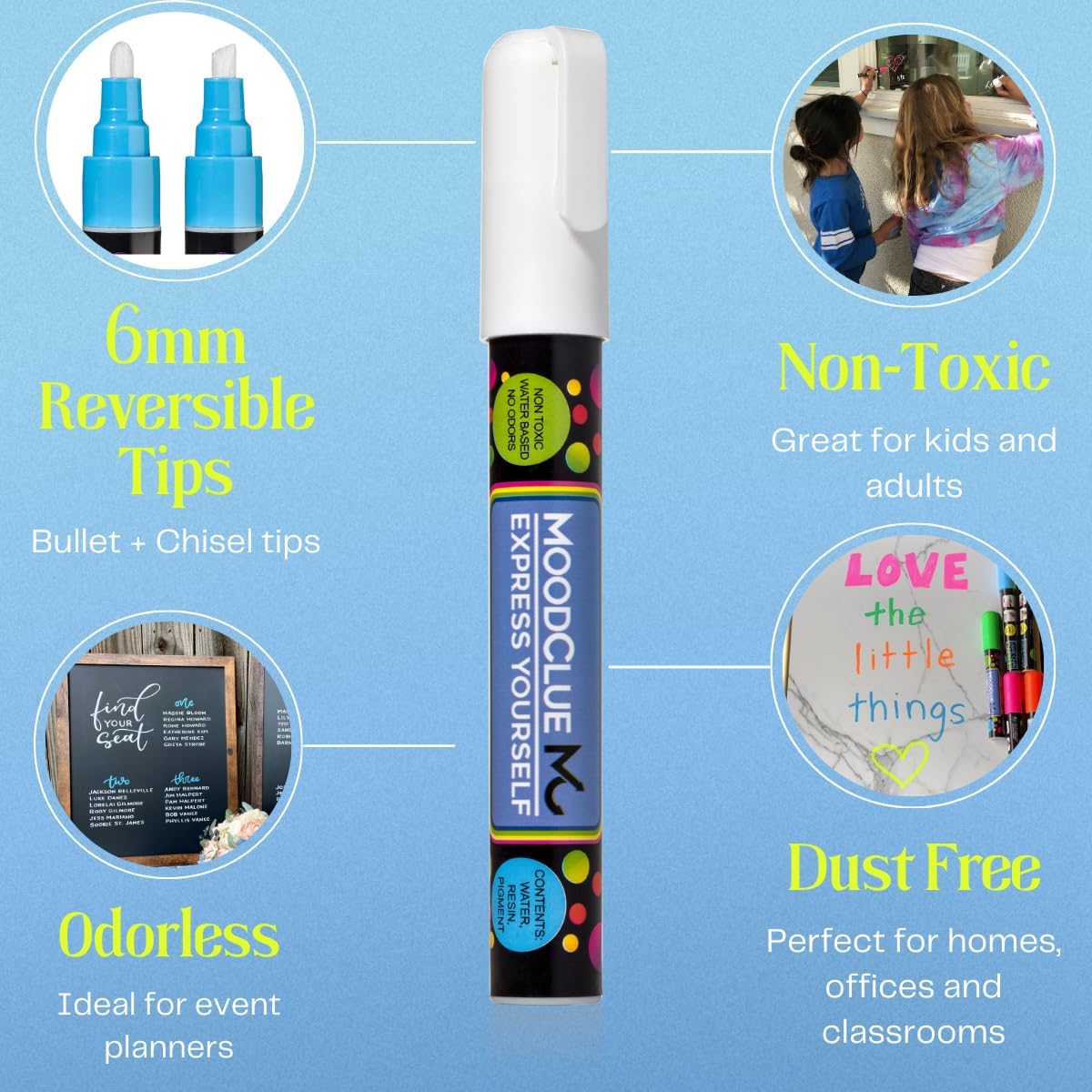 Liquid chalk markers erasable. 6 neon dry & wet erase marker pens for windows, mirrors, whiteboards, chalkboards, glass boards, auto windshields. Reversible thick and thin tip. Washable