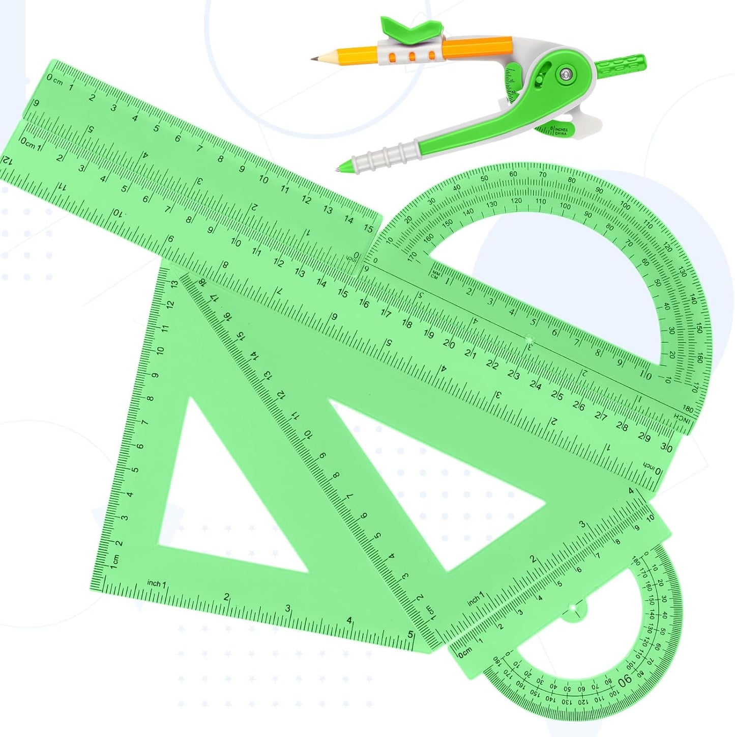 Zonon 1 Set Plastic Geometry Math Set 7 Pcs Includes 6'' / 4 '' Protractor, Drawing Compass, 45/60 Degree Triangle Rulers, 12'' / 6'' Math Ruler Transparent for Office Supplies(Green)