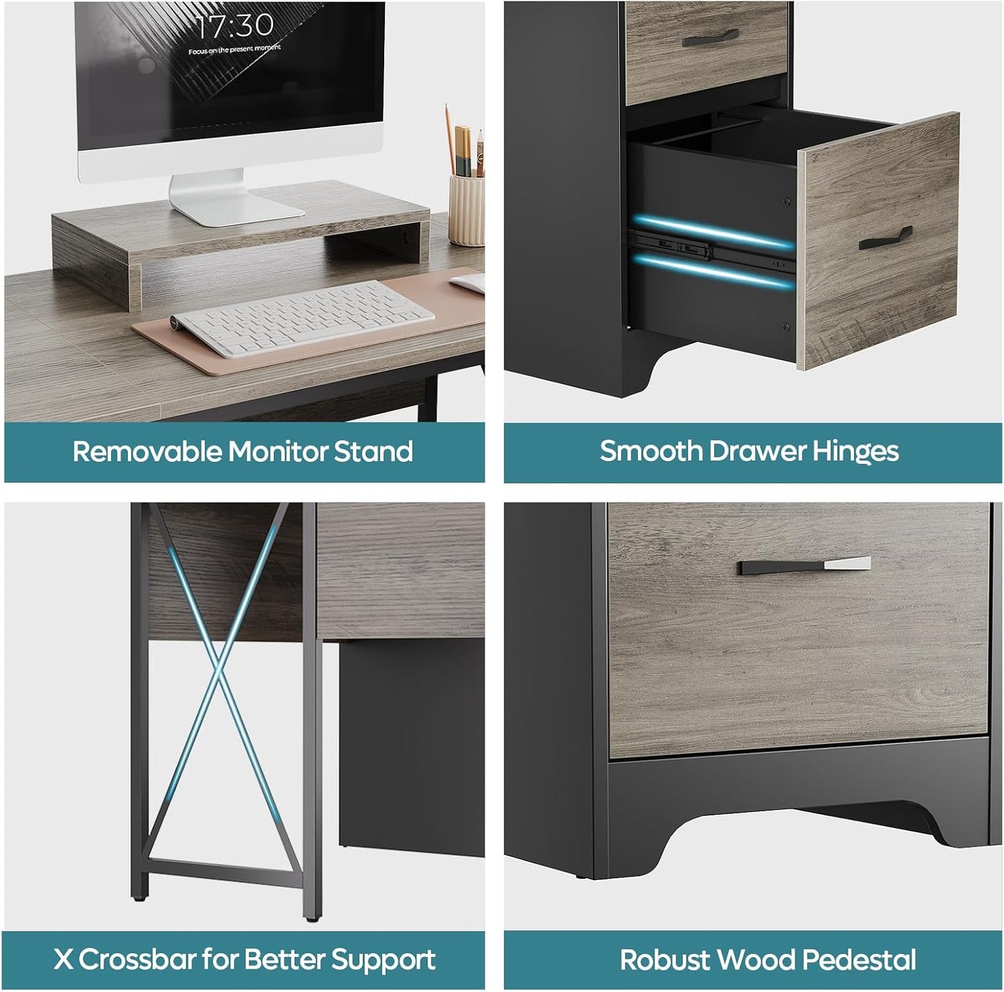 Bestier L Shaped Desk with 4 Drawers, 63" x 47" Executive Desk with Open Storage & Monitor Stand, Corner Desk with 2 File Drawers & Modesty Panel for Home Office, Gray