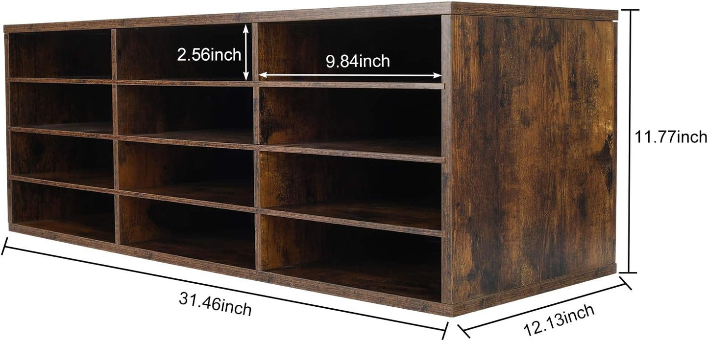 PAG Mail Sorter Organizer, Wood Countertop Literature Organizer, Student Mailbox for Classroom, Desktop Bill Paper Organizer for Office Home School, 12 Compartments, Antique Brown