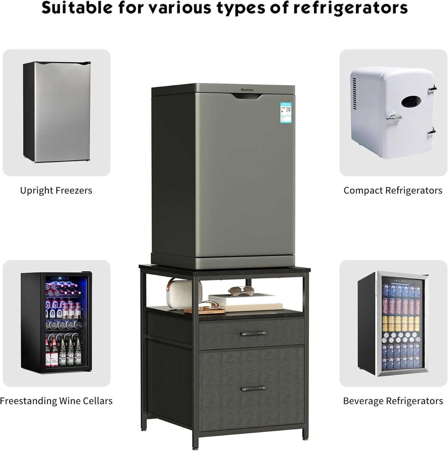 Mini Fridge Stand with 3 Storage, Mini Fridge Cabinet, Beverage Fridge Table, Heavy Duty 21.3" L* 22.7" W Tabletop, for Dorm, Apartment,Office, Bedroom Black HB01BXB