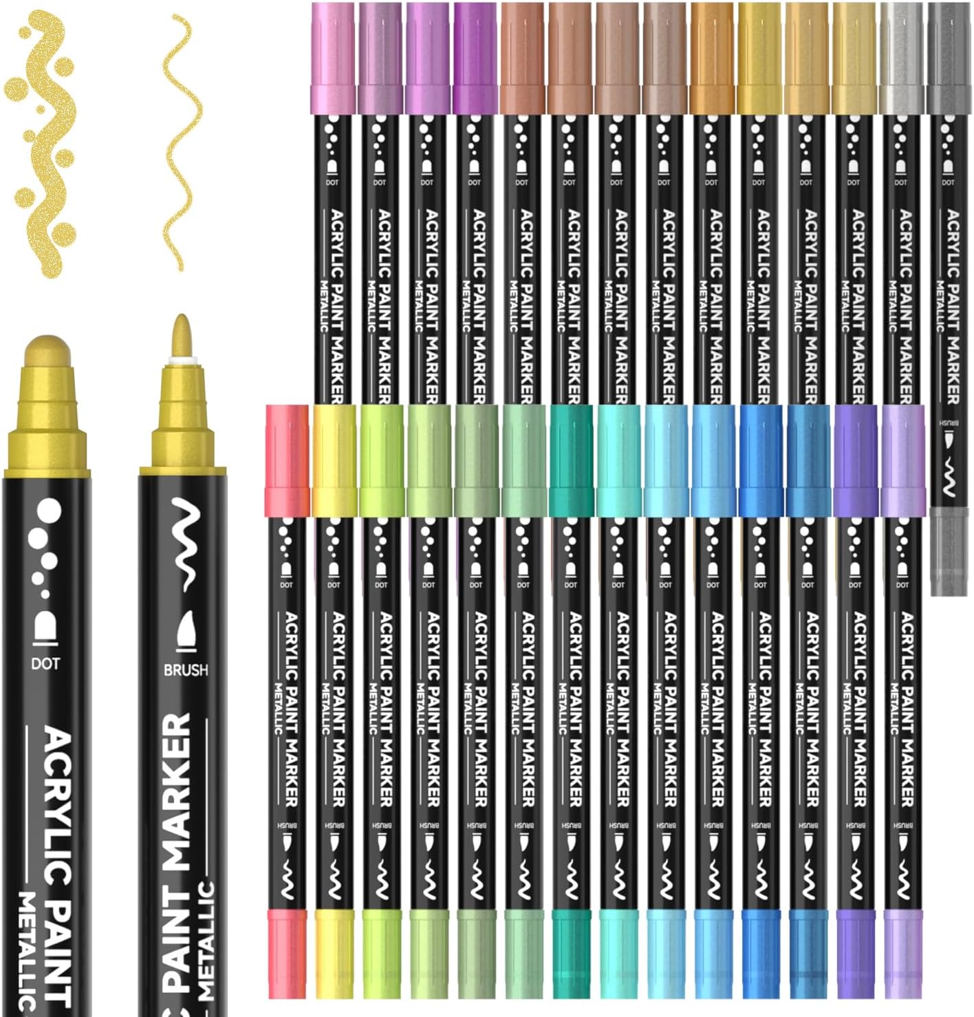 28 Metallic Colors Dual Tip Acrylic Paint Markers, Dot Tip and Fine Tip Acrylic Paint Pens for Rock Painting, Ceramic, Wood, Canvas, Plastic, Glass, Stone, Calligraphy, Card Making, DIY Crafts
