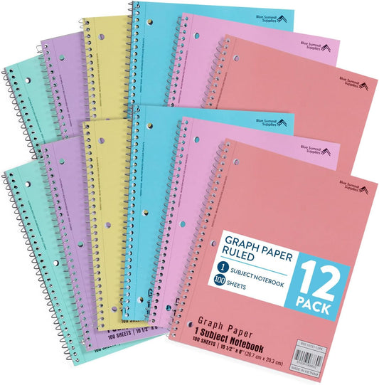Blue Summit Pastel Graph Paper Spiral Notebook, Cute Spiral Graph 8x10.5, Square Grid Notebook for Math, College, Work, School, and Lab, Graphing Paper, 70 sheets, 12 Pack