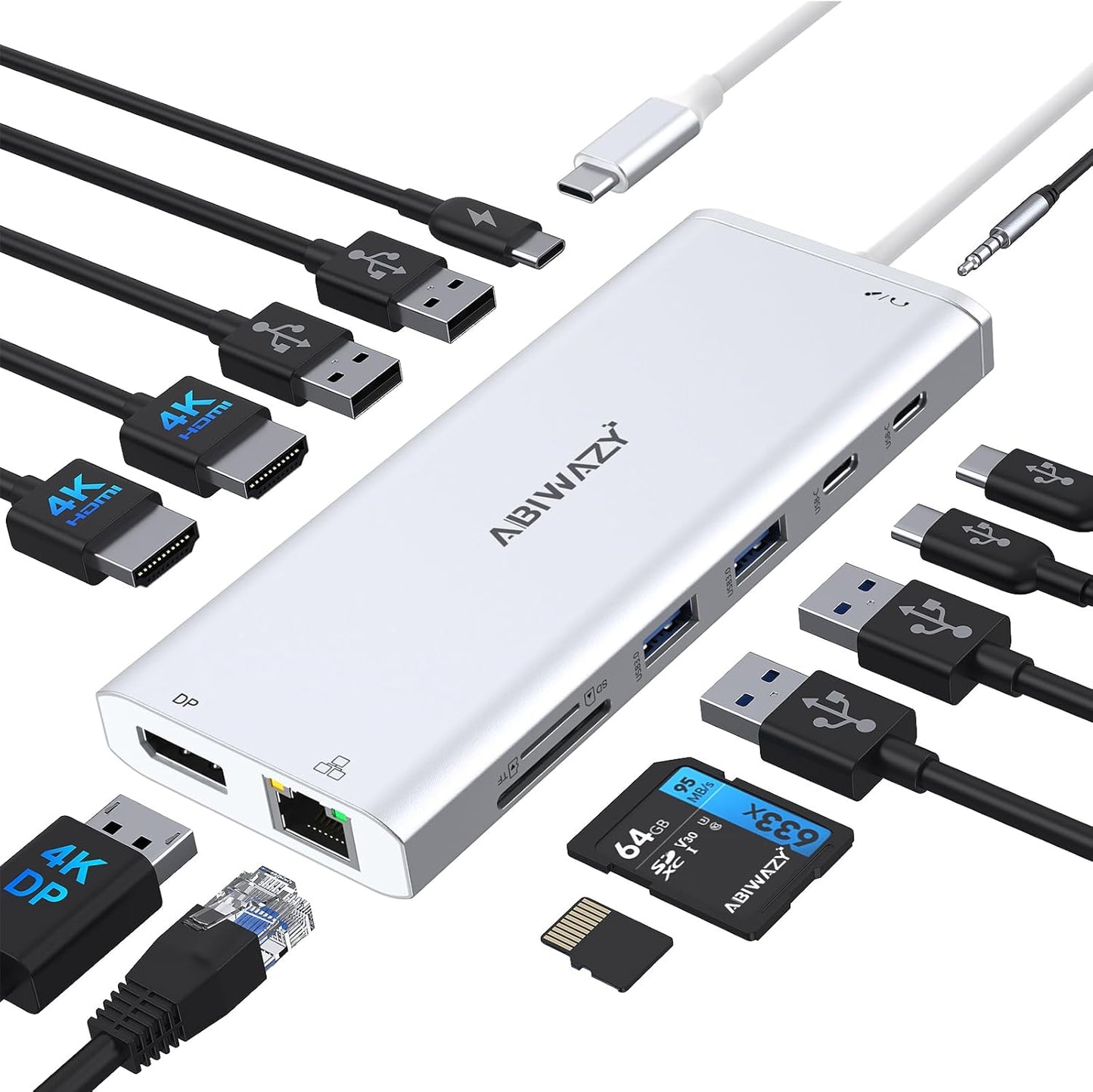 USB C Hub USB-C Docking Station Dual Monitor 14 in 1 Triple Display Multiport Adapter with 2 HDMI+DP+7 USB Type C/A Ports+Ethernet+Audio, USBC Dongle for Dell/HP/Lenovo ThinkPad/Surface(Sliver)