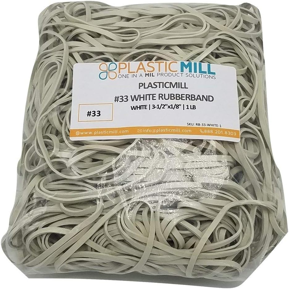 PlasticMill White Rubber Bands Size 33 (3 1/2" x 1/8") - #33 Rubber Bands Office Supplies - Strong, Elastic Bands for Crafts, Balloon Garland, Cash, File Folders (500-Pack)