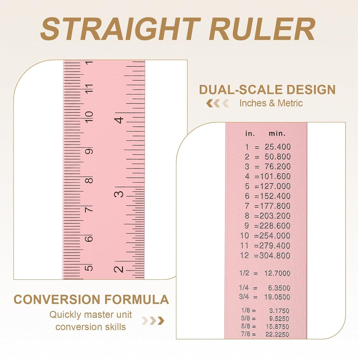 HARFINGTON 6pcs Metal Straight Ruler 20cm Metric SAE Aluminum Alloy Measuring Rulers Scale Tool with Hole for Measure Study Reading Classroom Office, Pink