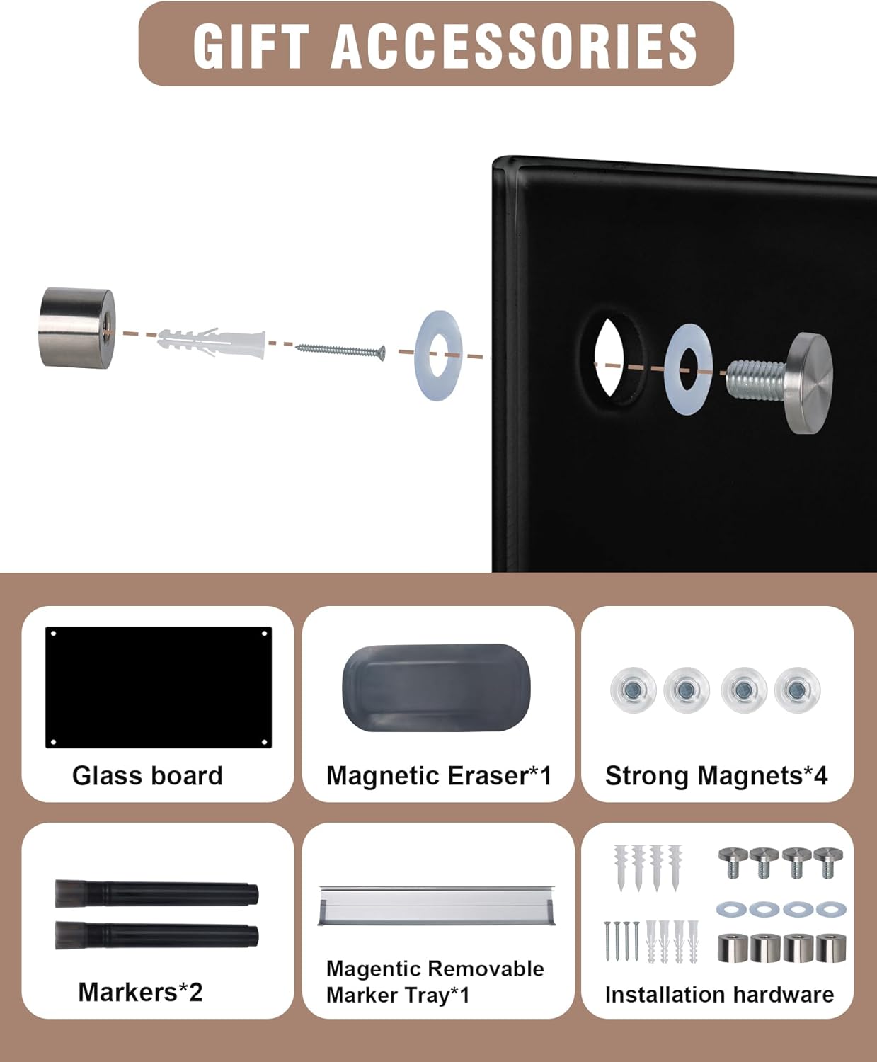 Magnetic Glass Whiteboard，36"x24" Wall Mounted Frameless Dry Erase Board for Office, Home & School Black