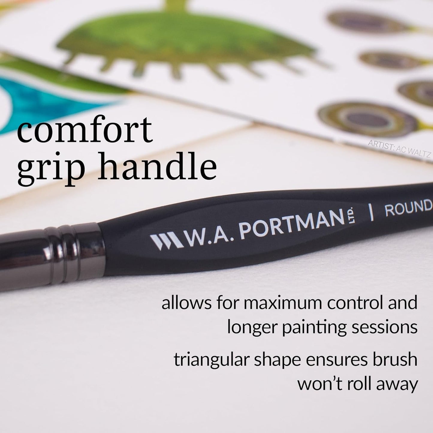 WA Portman Round Acrylic and Watercolor Paint Brushes 4pc Set - 100% Vegan, Cruelty-Free Round Paint Brushes for Acrylic Painting and Watercolor Painting with Triangular Comfort Grip