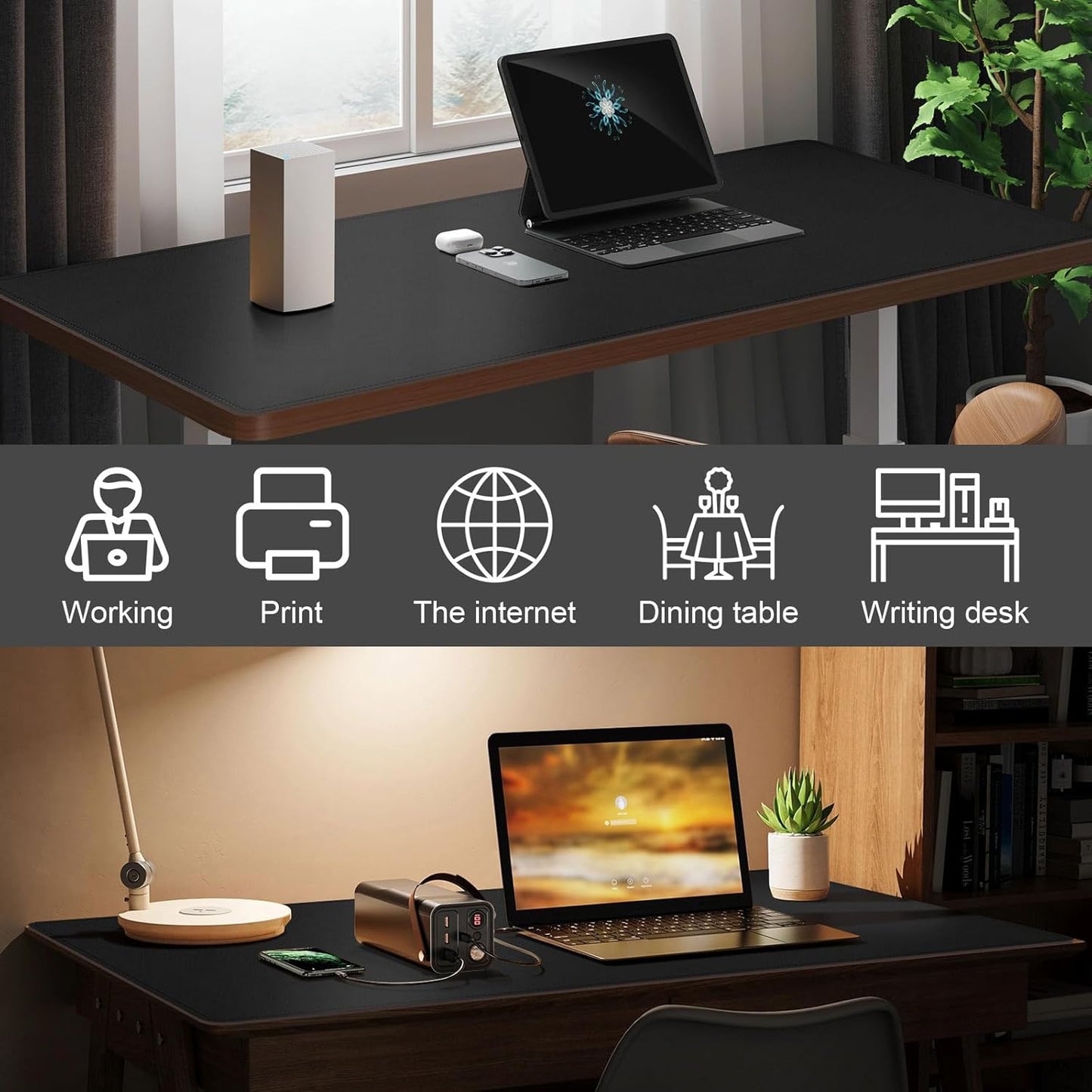 DAWNTREES Desk Mat Protector,PU Leather Desk Pad,Non Slip, Large Mouse Pad and Keyboard Mat, Waterproof Writing Pad for Office and Home (Black,47.2''x23.6'')