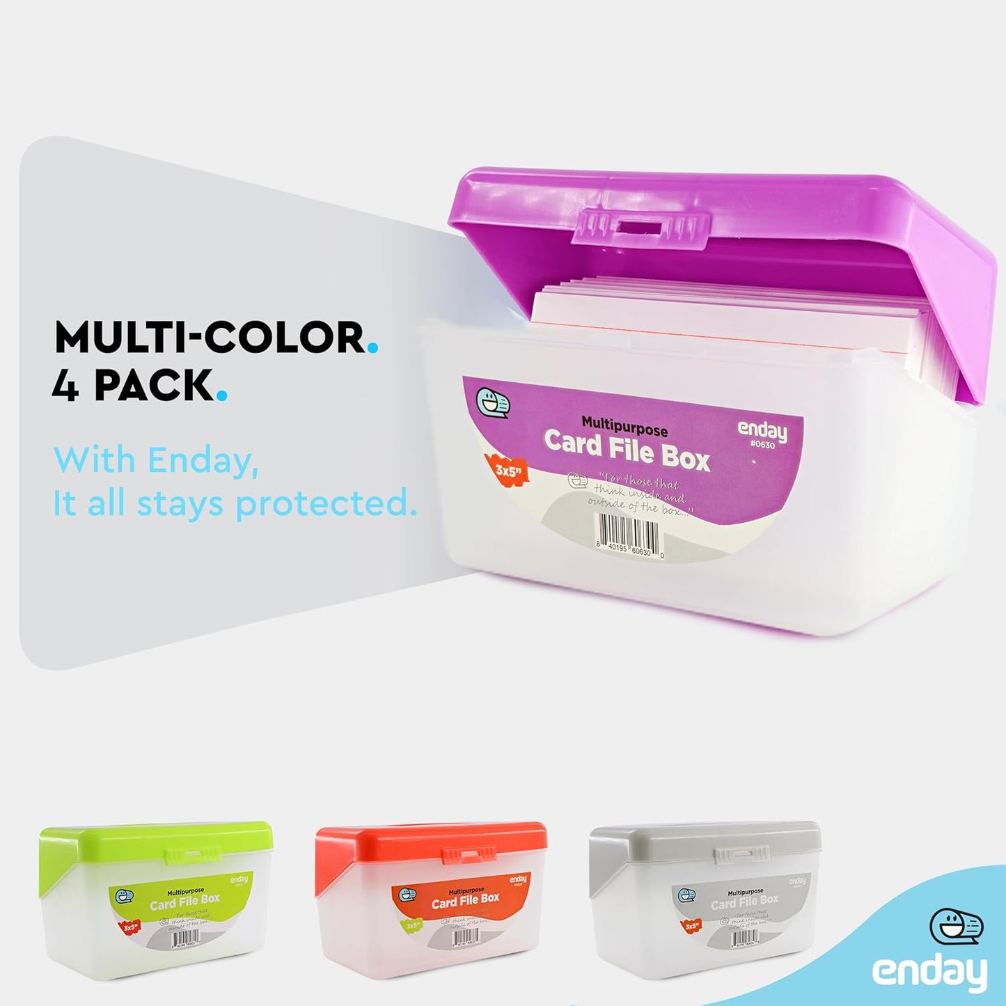 Emraw Index Card Holder 3 x 5 Index Card Case Holds up to 250 Cards Ideal for Filing Notes, Addresses & Recipes, Grey, Pink, Purple, Blue – (Pack of 4)