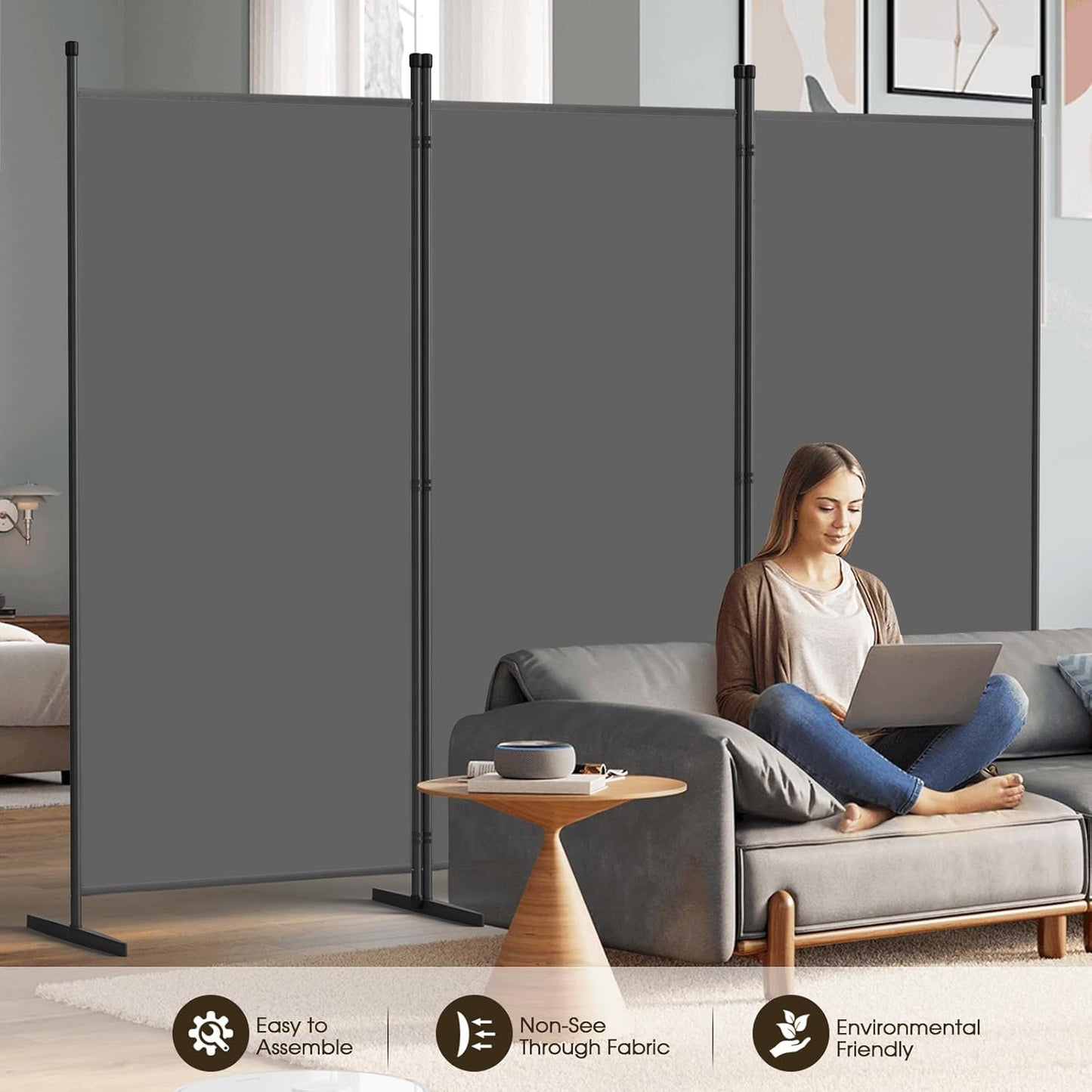 AKTOP 3-Panel Room Divider, Freestanding Wall Divider for Room Separation, Folding Privacy Partition Screen 70''W x 102''H, Portable Room Divider Panel Privacy Screen for Dorm Studio Office, Grey