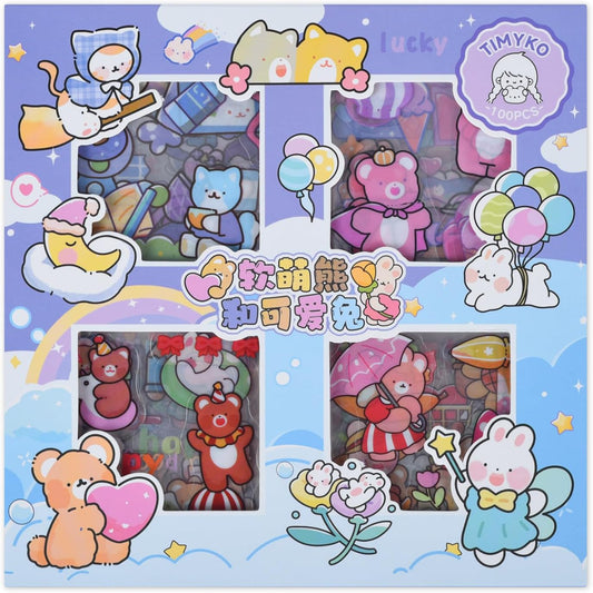 Kawaii Cute Journaling Scrapbook Stickers - 100 Sheets Cartoon Transparent Sticker for Junk Journal Stationary Planner Album Calendars Supplies Notebook DIY Craft Decor
