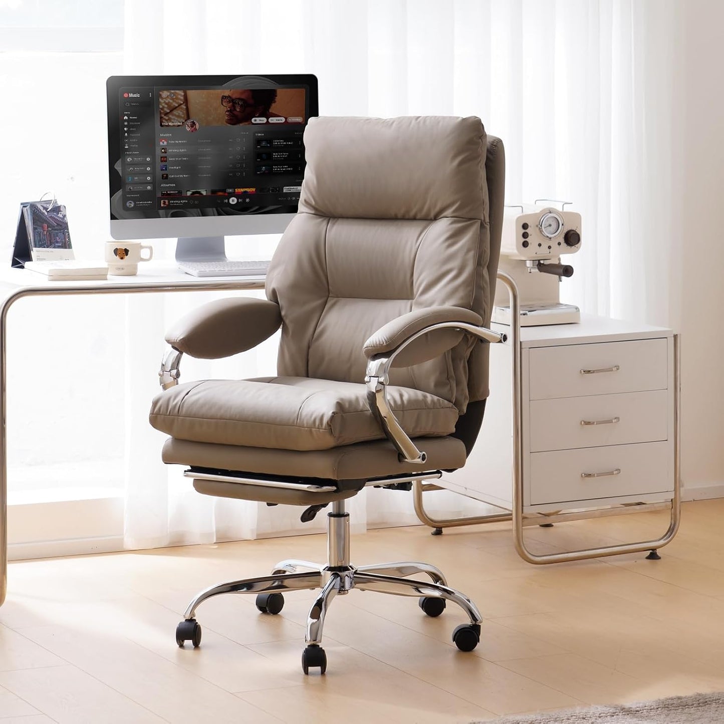 LEAGOO Reclining Office Chair with Foot Rest, Executive Office Chairs with Arms, Ergonomic High Back PU Leather Comfy Swivel Computer Desk Chairs with Wheels and Lumbar Support for Home Office, Khaki
