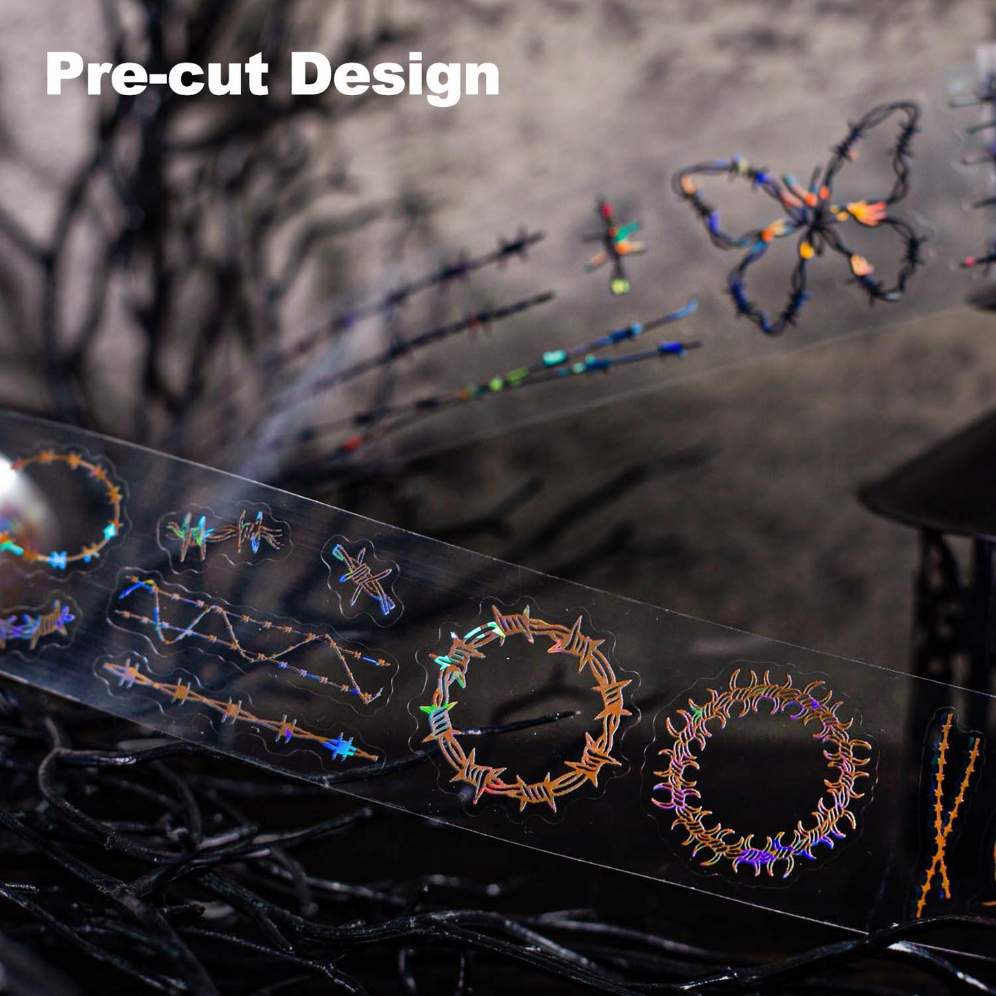 6 Rolls Thorn Vine PET Tapes Set, Holographic Pre-Cut Stickers for Journaling, Scrapbooking, and DIY Crafts, with Decorative Clip