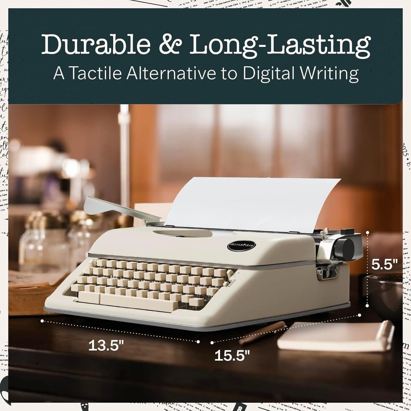 Maplefield Classic Portable Manual Typewriter - Cream, 8 x 11 in Paper - Word Processor Function & Typewriter Ribbon Included - Home Office & Office Decor