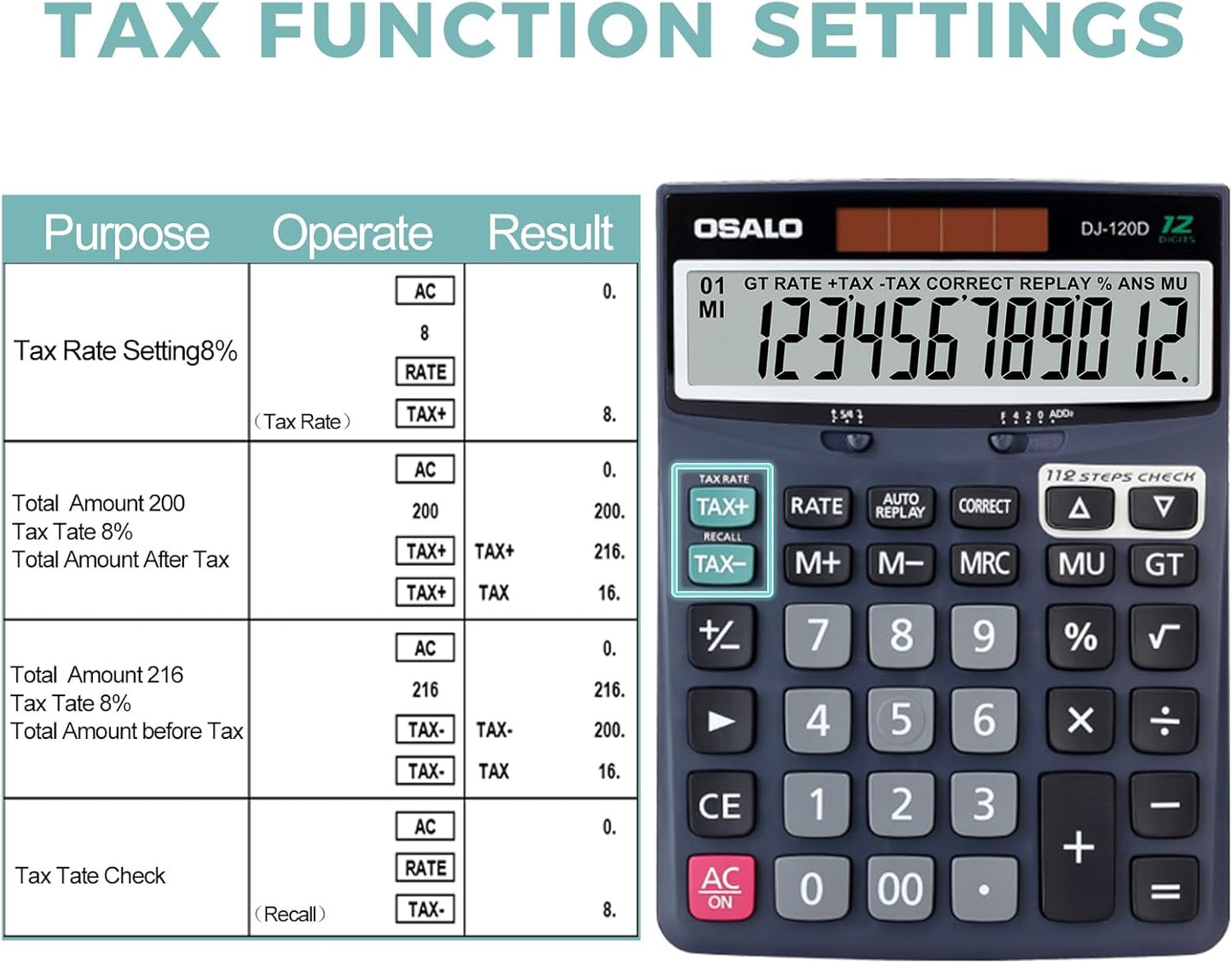 OSALO 12 Digits Desktop Calculator Extra Large LCD Display with VAT Tax Big Button, Dual Solar Power and Battery, Basic Calculator for Office, Home, School (DJ-120D Deep Blue)