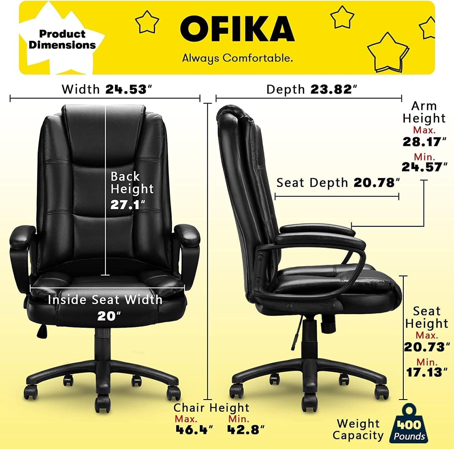 OFIKA Home Office Chair, 400LBS Big and Tall Computer Chair Heavy Duty Design, Ergonomic High Back Cushion Lumbar Back Support, Adjustable Executive Leather with Armrest