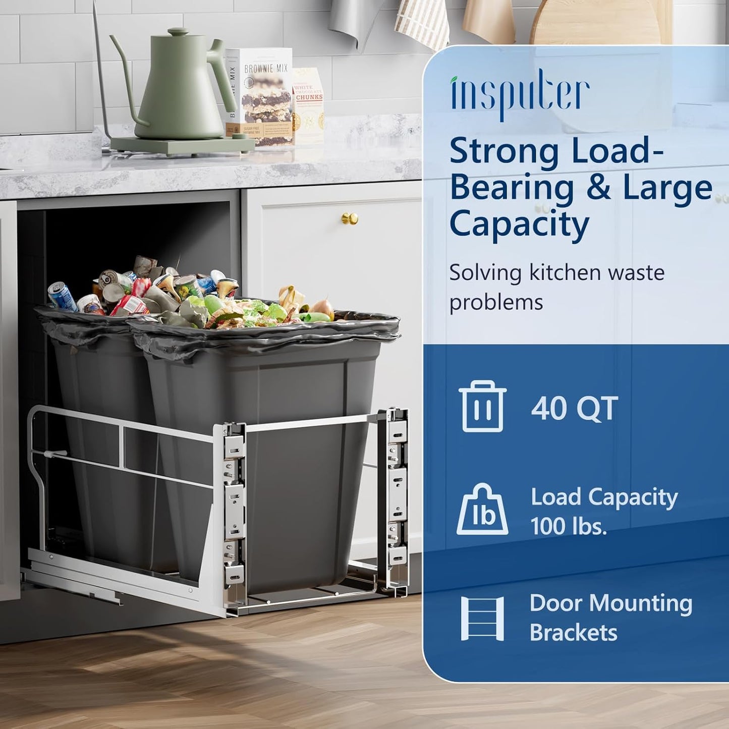Insputer Double 40QT Pull Out Trash Can Under Cabinet, Heavy Duty Under Sink Garbage Bin Kit with Soft-Close Slides for Kitchen, Laundry, Requires Minimum Cabinets Opening 18" W X 24" D