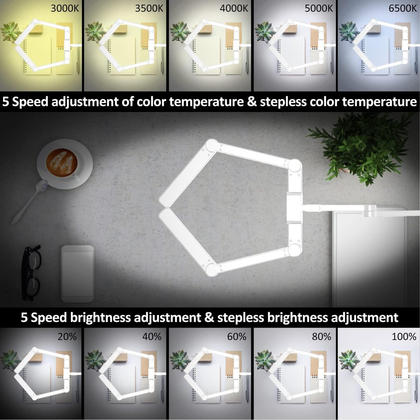 LED Desk Lamp for Home Office, 41.5" White Clip on Architect Desk Lamp with Clamp, 24W Adjustable Dimmable Bright Swing Arm Eye Care LED Table Light Clamp on Office Lighting