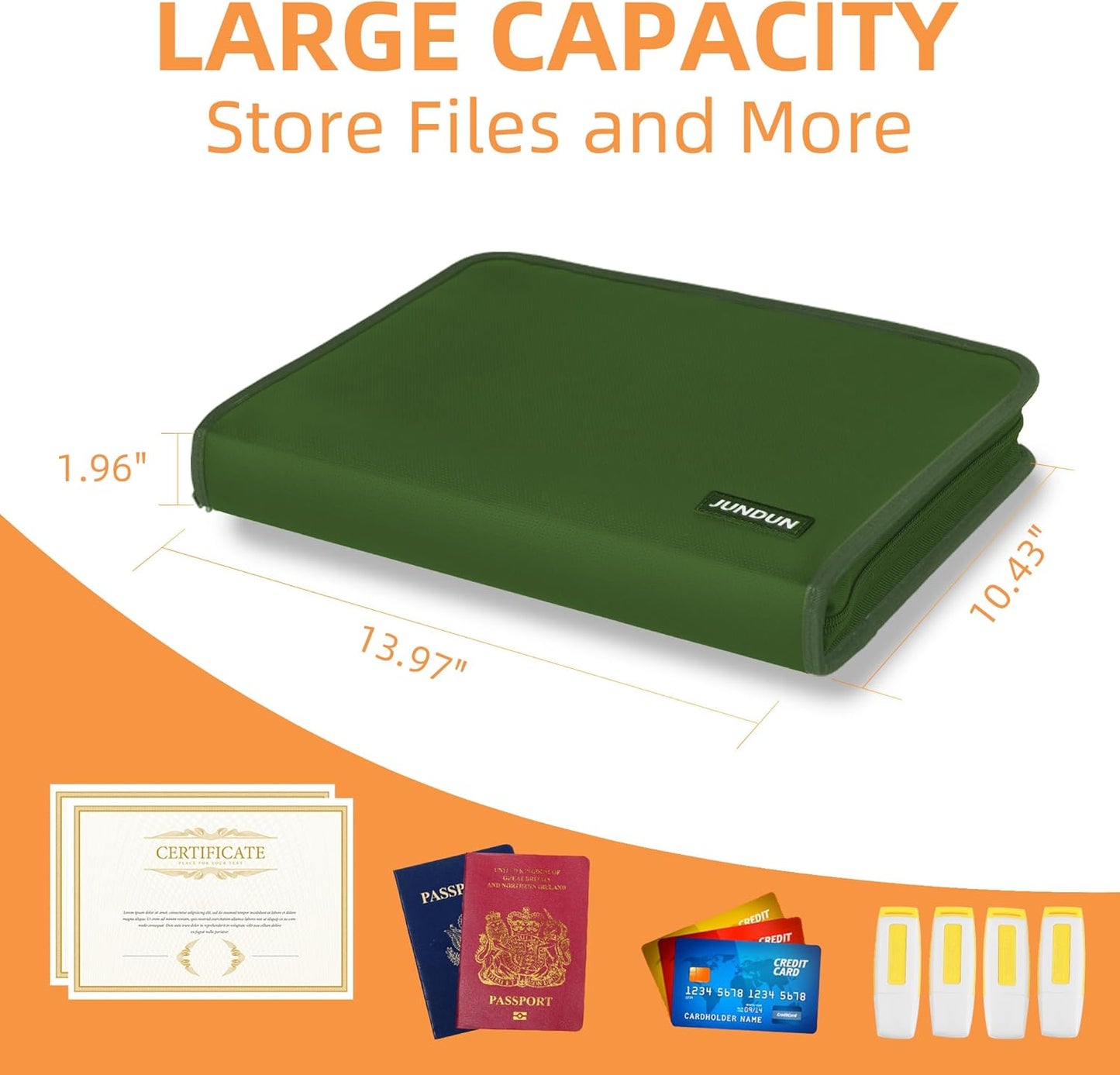 JUNDUN Accordion File Organizer - 12 Pocket Expanding File Folder with Zipper & Labels - Fireproof File Folder Organizer with Multi-Pockets,Document Organizer for Letter A4 Files and More (Green)