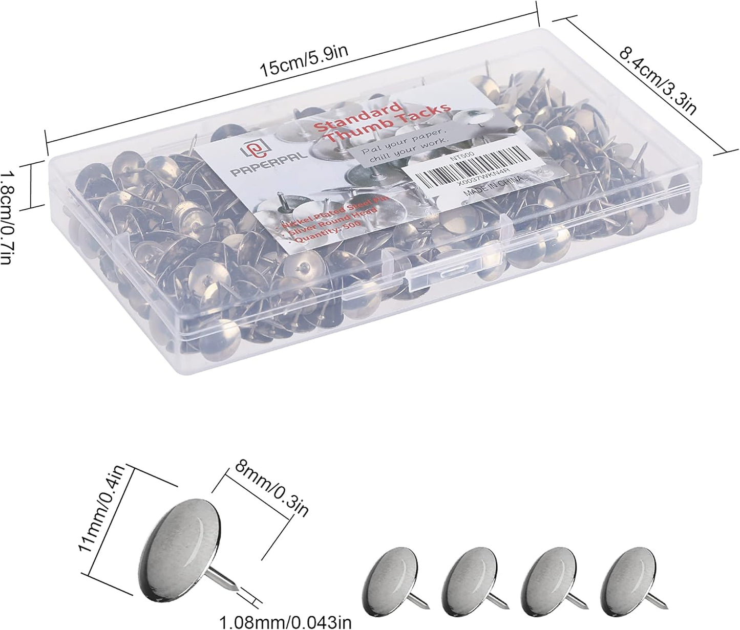 PAPERPAL 500 Standard Thumbtacks for Cork Board, Flat Thumb Tacks for Posters, Bulletin Board Tacks, Metal Pushpins for Office School & Personal Use