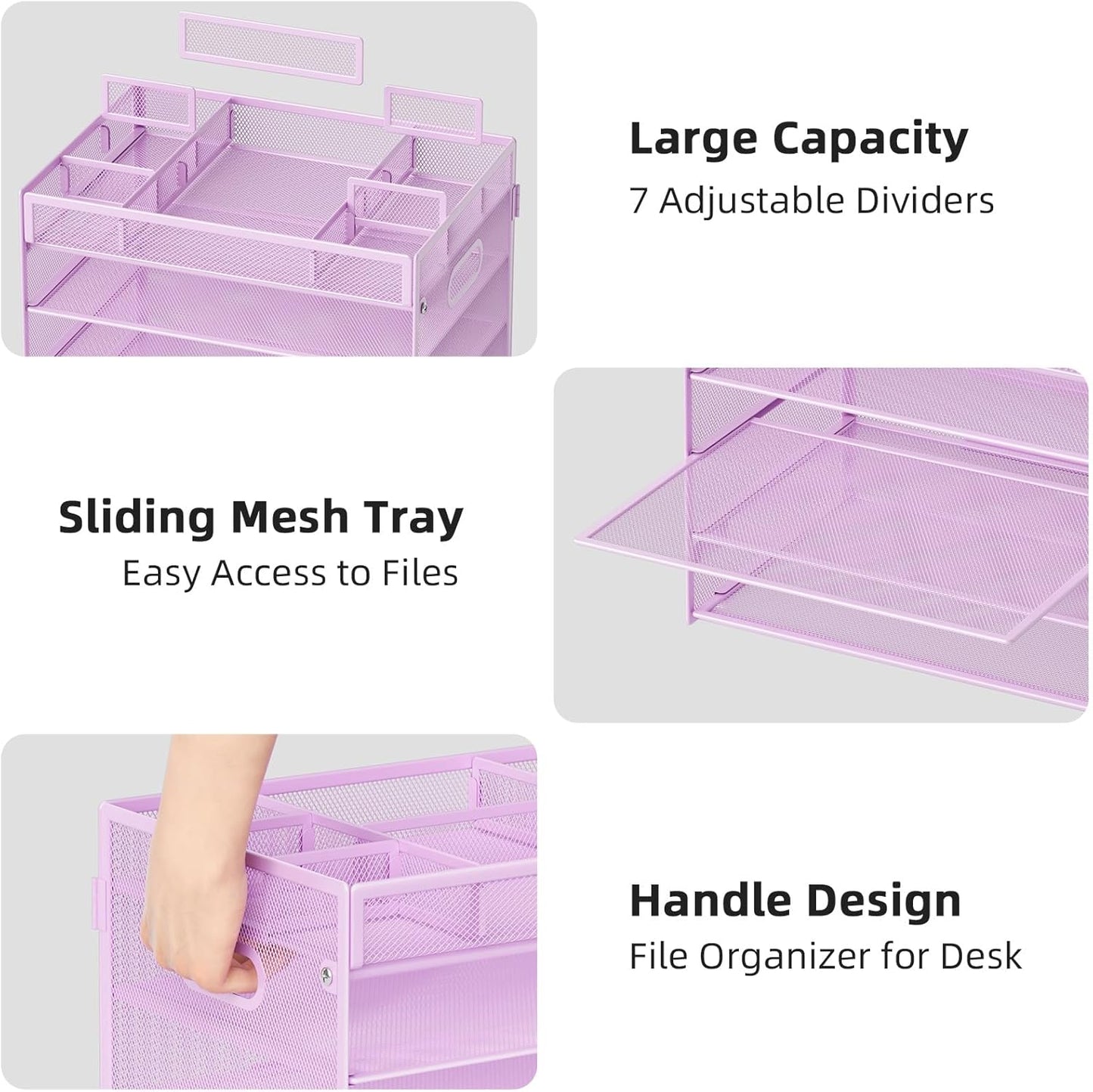 Marbrasse 5-Tier Letter Tray Paper Organizer with Handle, Multi-Functional Mesh File Organizer for Desk, Adjustable Compartments Mesh Desktop Storage for Office Supplies, Purple