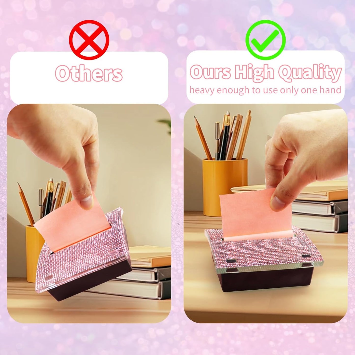 Rhinestone Self Sticky Note Holder Post it Note Dispenser Pop-Up Sticky Notes Dispenser 3 x 3 inch Post it Dispenser for Office Desk Accessories(Pink)