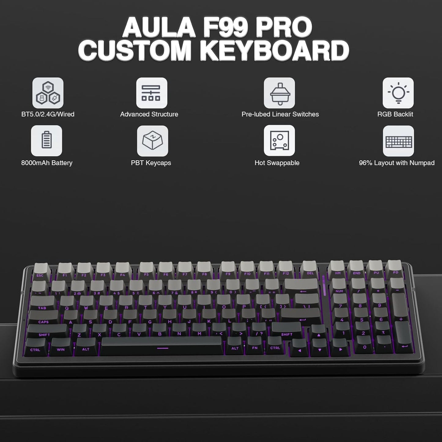 AULA F99 Pro Wireless Mechanical Keyboard,Hot Swappable Custom Keyboard,RGB Backlit,Pre-lubed Linear Switches,Side Printed PBT Keycaps,2.4GHz/USB-C/BT5.0 Mechanical Gaming Keyboards