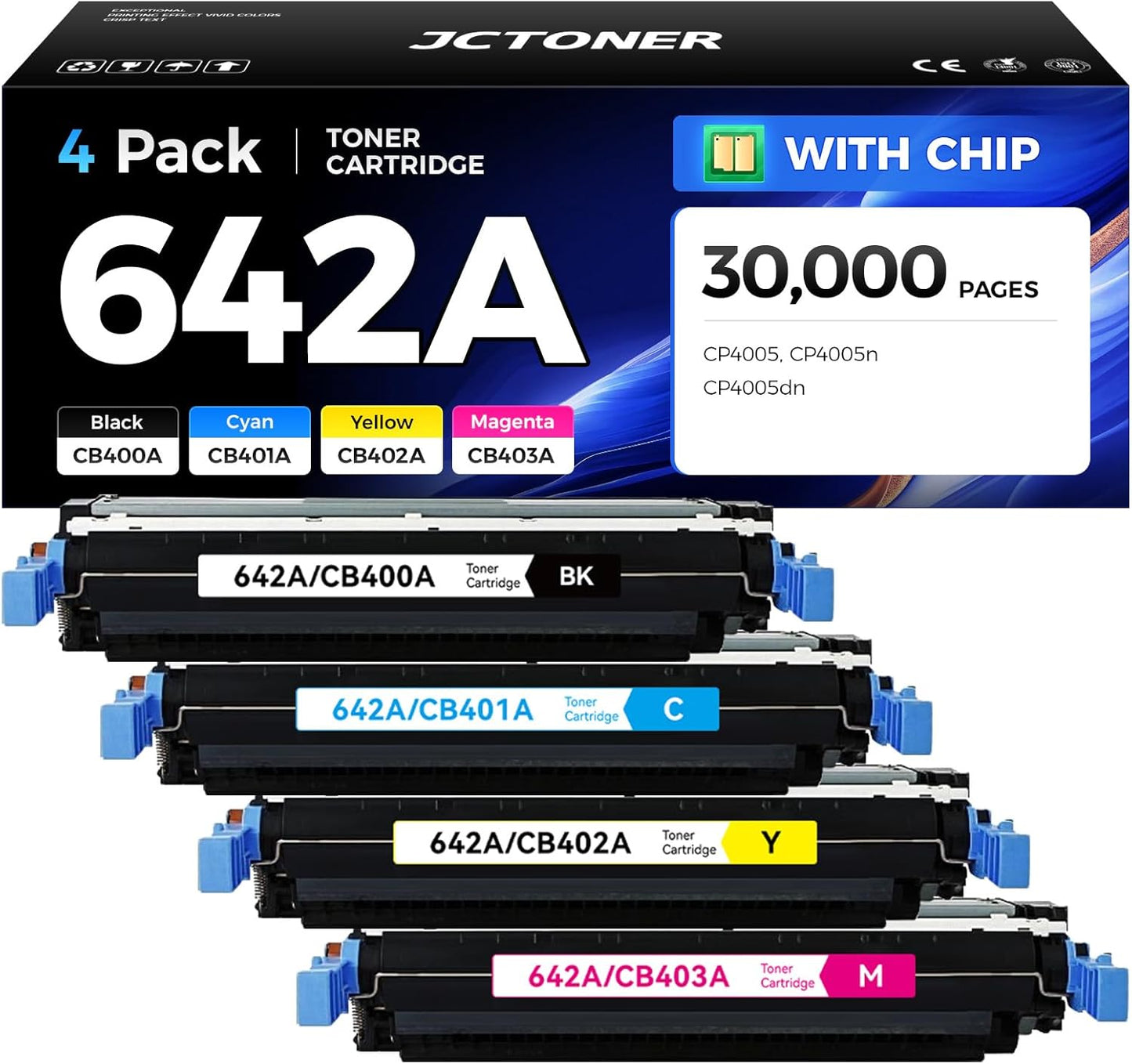 642A Toner Cartridge Set 4-Pack with Chip High Yield Replacement for HP 642A CB400A CB401A CB402A CB403A Compatible with HP Color LaserJet CP4005 CP4005n CP4005dn Printer Ink Black Cyan Yellow Magenta